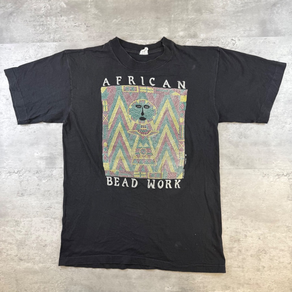 Vintage African Bead Work Graphic T-Shirt Jamboree Kenya Black Distressed Large